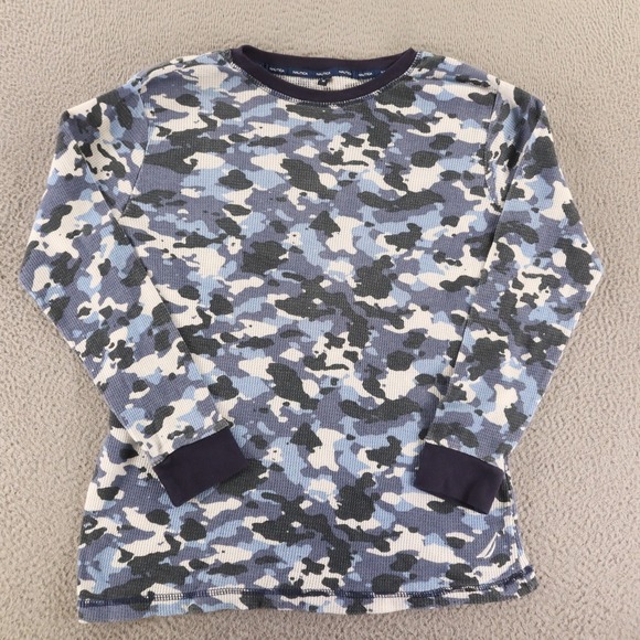 Nautica‎ Shirt Mens M Blue Gray Camo Base Layer Thermal Pullover Waffle Knit - Picture 1 of 8